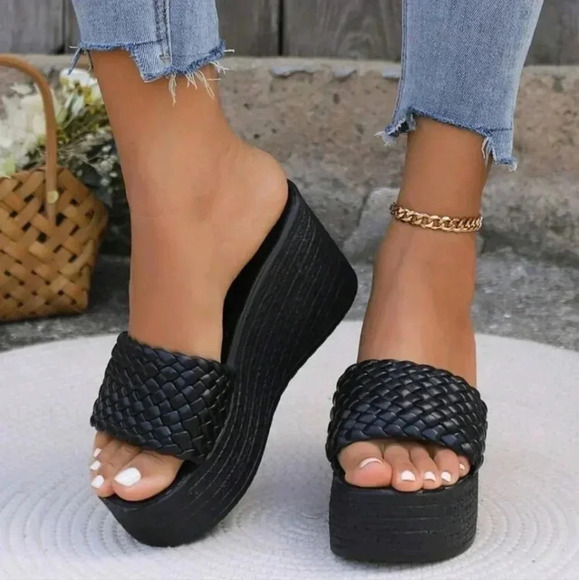 Women's Weave Striped Checkered Slip-On High-Heeled Sandals, Peep Toe Black - Picture 2 of 7
